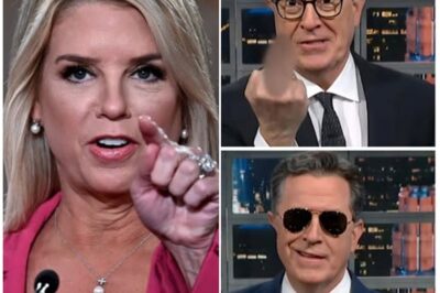 Pam Bondi Turns The Late Show Into Chaos—Colbert Silent, Then Backstage Apology Leaks What began as a typical night of laughs on The Late Show erupted into an on-air clash no one saw coming. When Pam Bondi hit back at Stephen Colbert with a brutal comeback, the audience fell into stunned silence. Colbert, visibly shaken, was caught apologizing backstage—and now insiders warn the show could face suspension. Is this the moment Colbert’s late-night empire begins to crumble?
