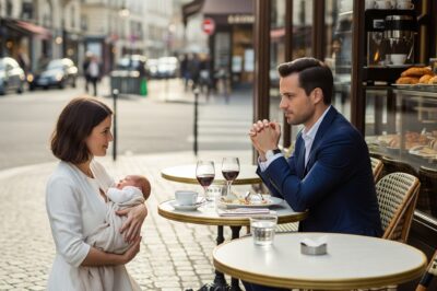 She knelt beside his table on the sidewalk, cradling her baby. Her voice cracked as she whispered, “Please, I don’t want your money—just a moment of your time.”